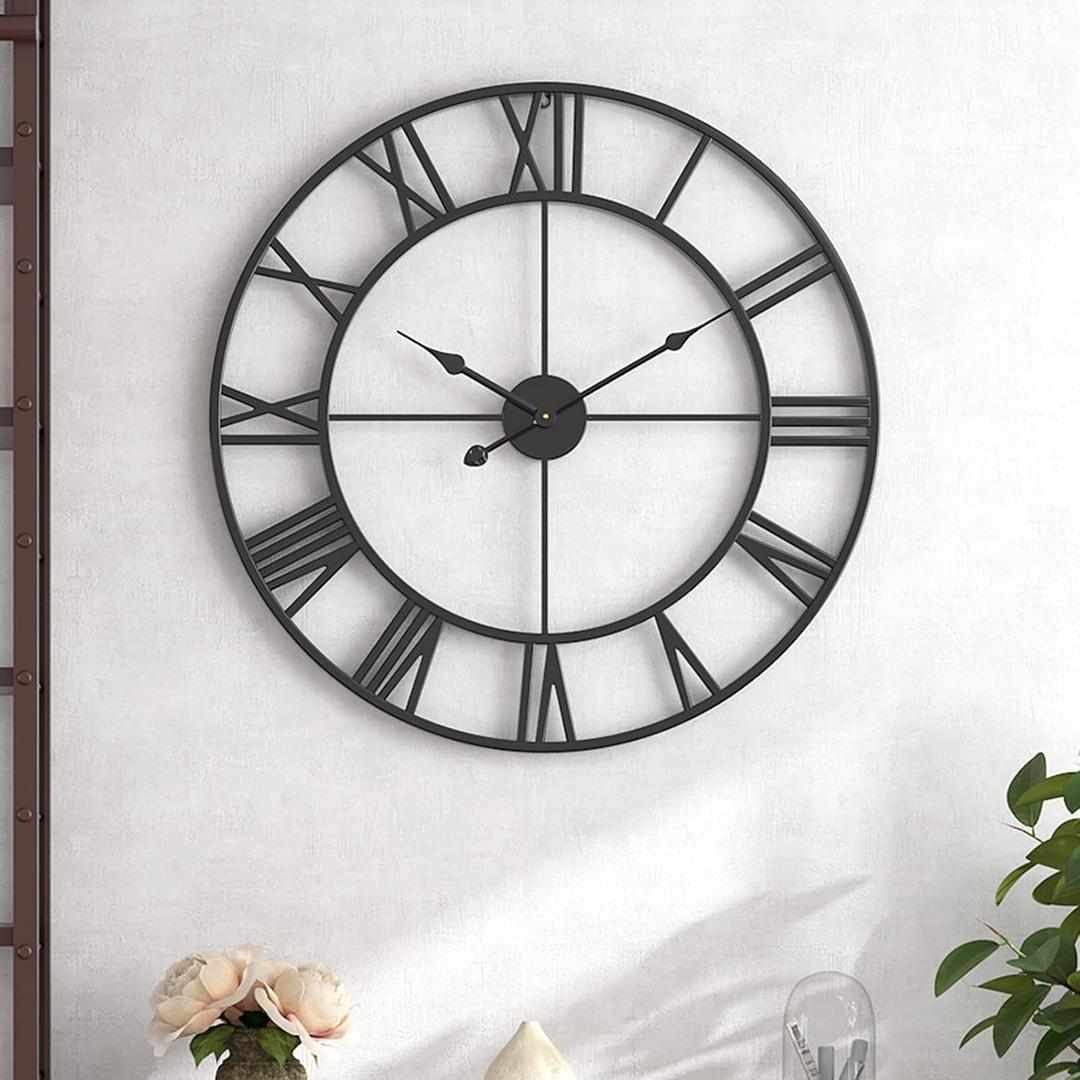 Large Outdoor Indoor Waterproof Metal Wall Clock, Completely Silent, 24 inch Roman Numerals Vintage Art Decor Modern Clocks, Mid-Century Battery Operated Home Decorative for Kitchen,Bedroom,Office (24in, Black)