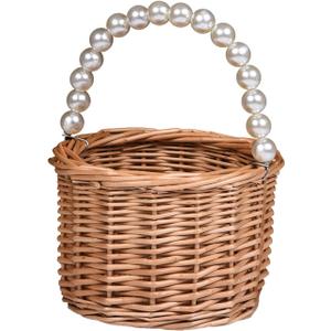 Wicker Rattan Flower Girl Basket - Pearl Handle Wedding and Home Decor (4)