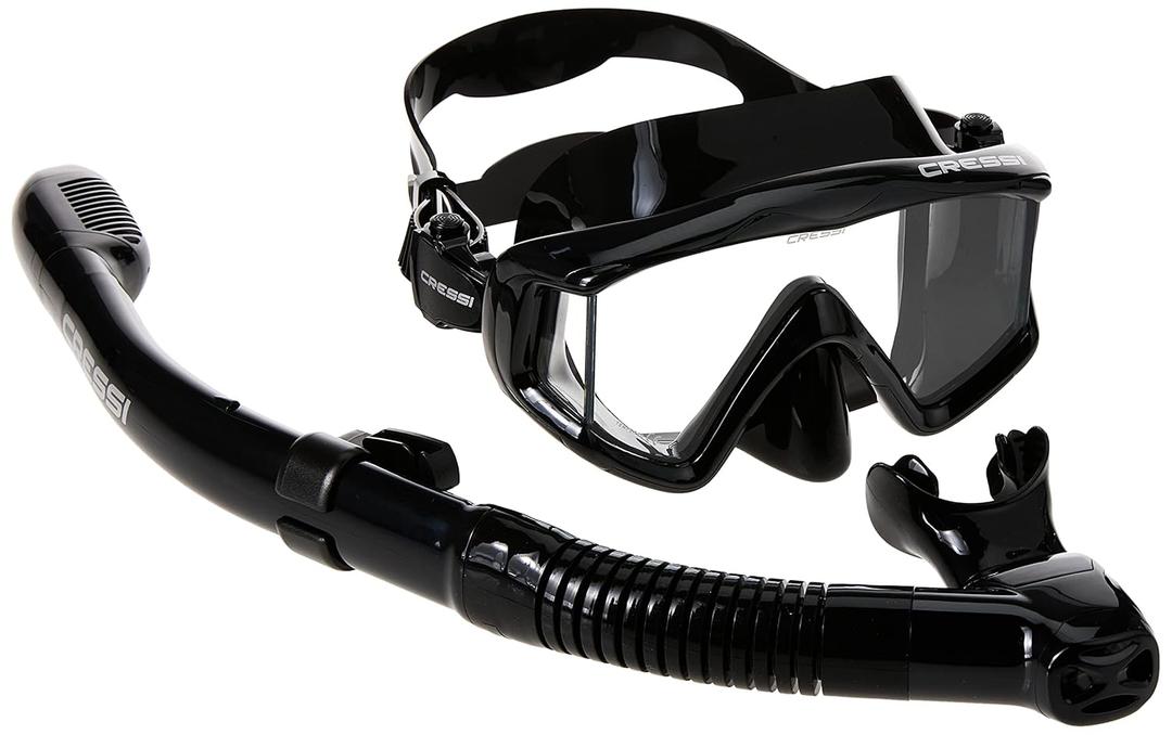 Cressi Pano 3 Panoramic Wide View Mask Dry Snorkel Set with Combo Snorkeling Bag, All Black
