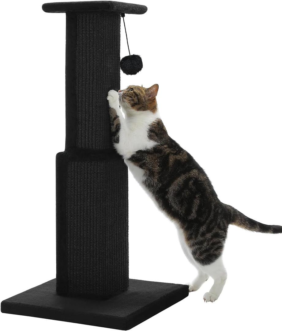 PAWZ Road Large Cat Scratching Post 32 Tall Black Scratching Post for Indoor Cats Adults Ultimate Scratch Post with Woven Sisal, Large Base and Removable Dangling Ball- Black