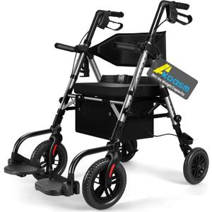 Foldable Rollator Walker for Seniors with Seat, Lightweight 2 in 1 Rolling Walkers Wheelchair Combo for Adult, Transport Chair with Brakes, Adjustable Seat and Handle, 300 Lb. Weight Capacity, Grey