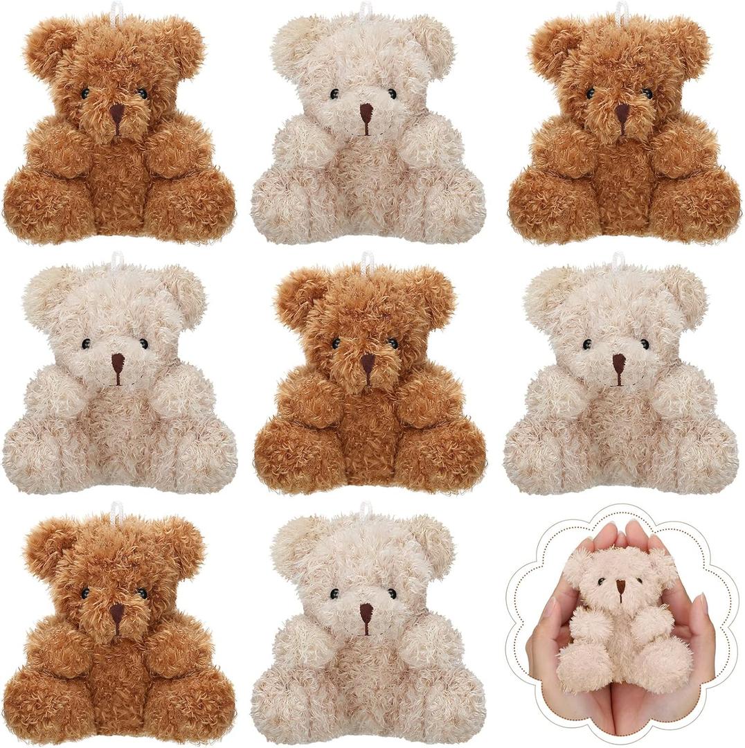Threan 8 Pcs Mini Plush Bears 4'' Small Bear Bulk Stuffed Animal Toys Tiny Soft Bear Doll Present Stuffers for Keychain Baby Shower Party Favors Supplies(Brown, Apricot)