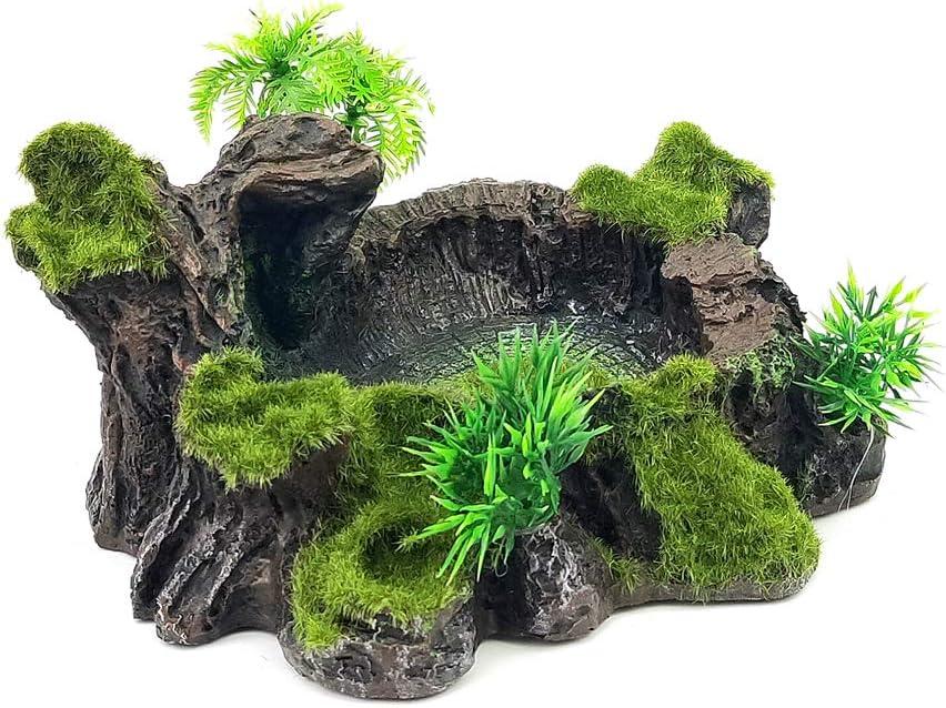 Plastic Reptile Tank Decor - Resin Platform, Artificial Tree Trunk Design with Water Dish for Lizard, Gecko, Frog