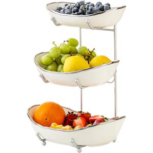 Ceramic Fruit Bowl for Kitchen Counter - 3 Tier Fruit Basket with Metal Stand, Tiered Fruit Stand for Countertop, Snack, Nuts, Cake, Dessert, Small & Cute (Silver-rimmed)