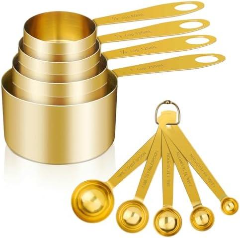 GuDoQi Measuring Cups and Spoons Set of 9, Stainless Steel Handle with Metric and US Measurements, Golden Polished Finish, Dry & Liquid Ingredient Measuring Cup for Cooking and Baking