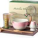 Matcha Whisk Set, Handcrafted Crystalline Glaze Matcha Set, 8 Pcs Matcha Kit Includes Matcha Bowl, Whisk with Holder, Bamboo Scoop & Spoon, Sifter and Tea Towel, Ceremonial Matcha Tea Set (Pink)
