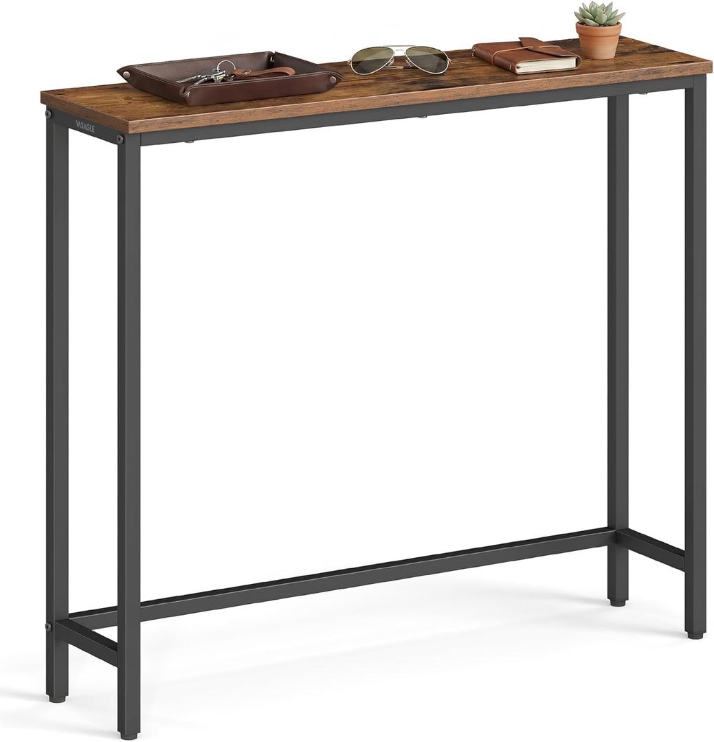 VASAGLE BARNET Collection - Console Table, Thin Narrow Entryway Doorway Table, One Piece Top, for Hallway Bedroom, Steel Frame, Modern, 1 Tier, Rustic Brown and Ink Black ULNT035KD01S
