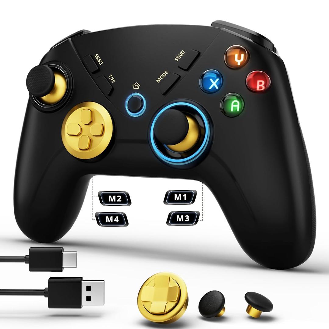 Multi-Platform PC Wireless Controller, Bluetooth Gaming Controller, Compatible with Windows, iPad, Steam, Luna, Laptop, Tablet, and Smart TV, with Double Shock, Macro Keys, Turbo Button, LED Backlight (Black Gold)
