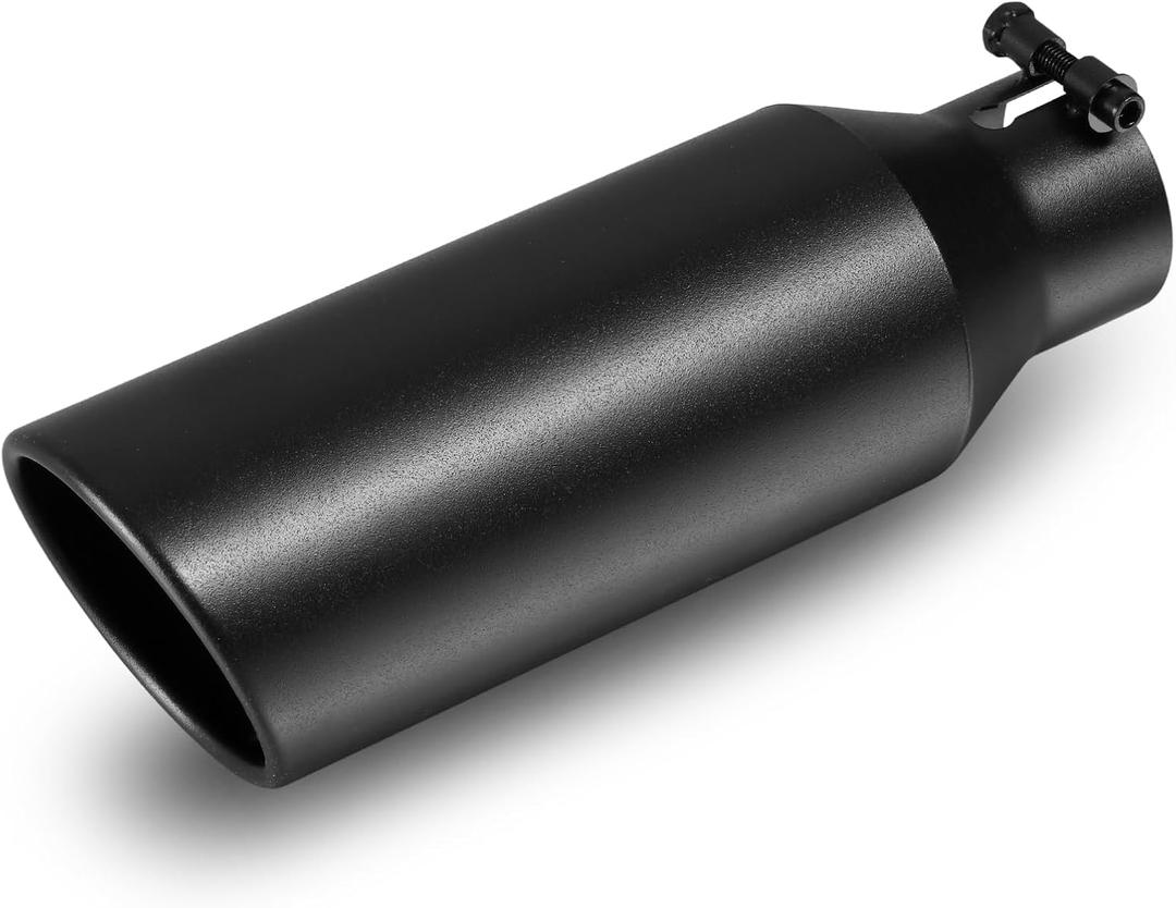 Exhaust Tip 2.5" Inlet, 4" Outlet 12" Overall Length, Premium Stainless Steel with Wear Resistant Black Coating, Rolled Angle Cut, Bolt-On Easy Installation, for Truck Diesel Tail Pipe