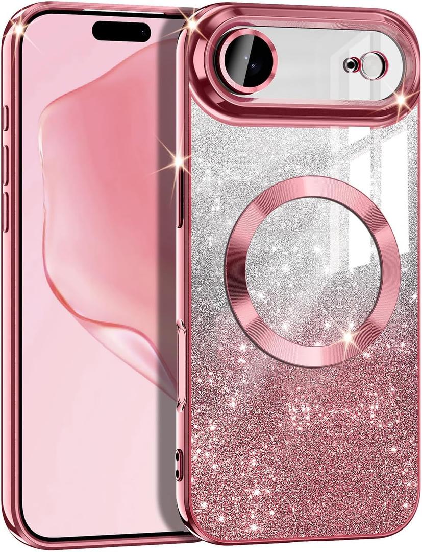 Casetego for iPhone Air Case/iPhone 17 Air Case,Compatible with MagSafe,Clear Magnetic Glitter Sparkle Luxury Plated Soft TPU Bumper Full Camera Lens Protector for Apple iPhone 17 Air,All Rose Gold