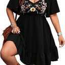 Women's Plus Size Western Dress Floral Embroidered Cowgirl Outfits Country Mini Flowy Boho Fall Dress M
