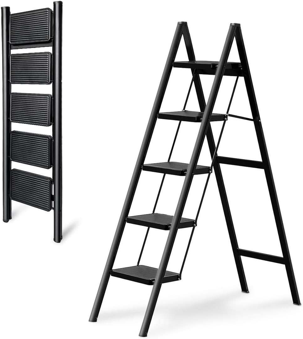 Step Ladder 5 Step Folding, OOSOFITT 330 Lbs Load Heavy Duty Step Ladders for Home/Indoor, Tall Kitchen/Closet Ladder for Adults, Lightweight Compact Ladder with Anti-Slip Wide Pedal White, Black (5 Step Ladder)