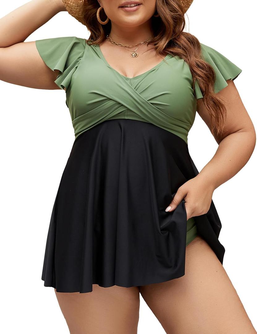 Edelqual Women's Plus Size Tankini Swimsuits Swim Dress Tummy Control Bathing Suits Two Piece Full Coverage High Waisted Modest Curvy Swimwear 2025(Army Green and Black, 2XL)