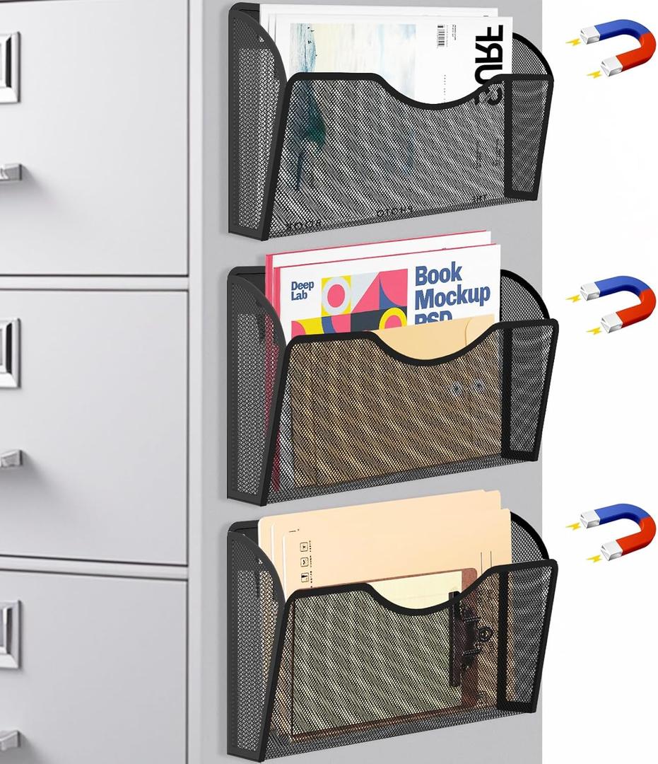 Magnetic File Holder 3 Pockets File Folder Organizer, Office Hanging Magazine Rack for File Cabinets, Magnetic Paper Holder, No Drilling Mail Organizer for Refrigerator, Whiteboard, Office, Kitchen