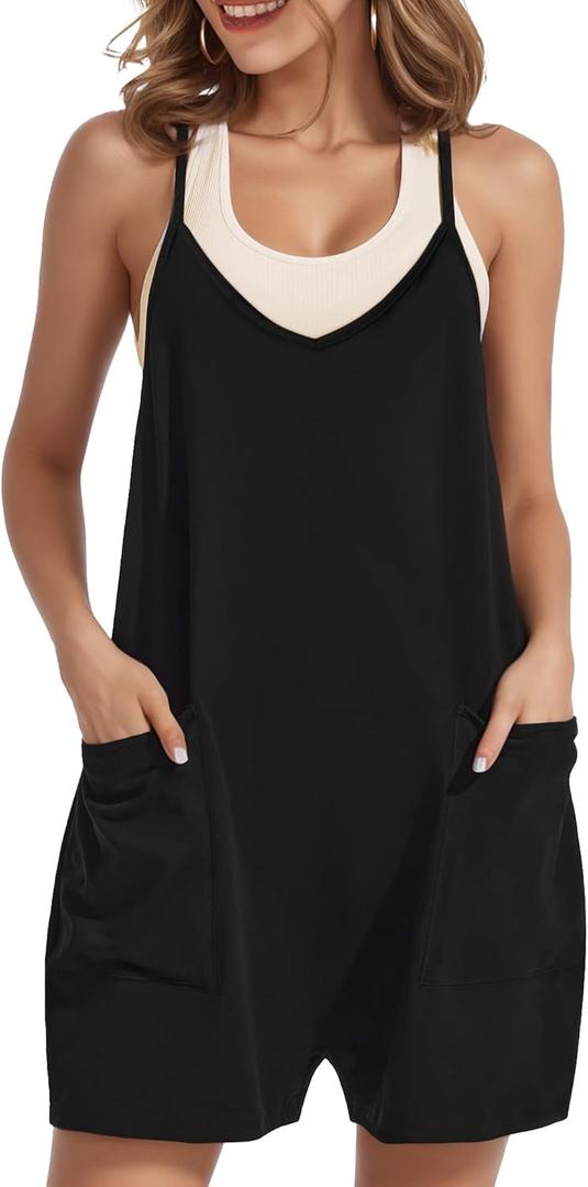 Buauty Women's Casual Rompers Summer Sleeveless Jumpsuits Loose Spaghetti Strap Shorts Trendy 2024 Overalls With Pockets (Large, Jet Black)
