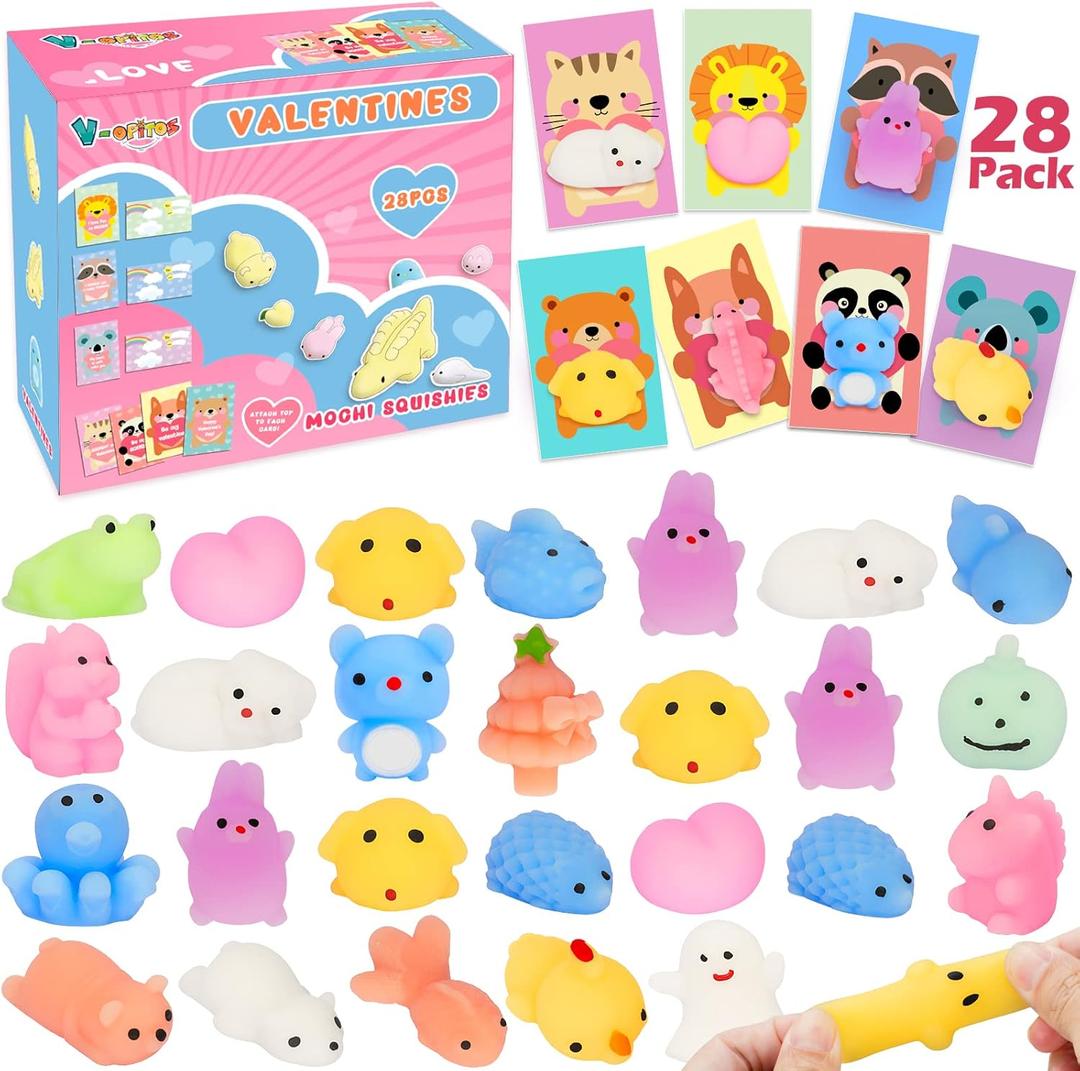 Valentines Day Cards for Kids School - 28 Packs Cute Mochi Squishes Toys with Cards, Valentine Party Favors Toys for Boys & Girls, Kids Exchange Cards for Classroom