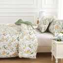 Mooreeke Floral Queen Size Comforter Sets, Vintage Green and Yellow Botanical Printed Bedding for All Seasons, 3-Piece Vintage Bed in a Bag with Fluffy Quilted Reversible Comforter & 2 Pillow Shams