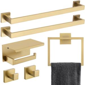 TNOMS 6-Piece Bathroom Hardware Set 23.6 Inch Gold Towel Bar Set Double Towel Bar Towel Ring Coat Hook and Toilet Paper Holder with Shelf Wall Mounted Stainless Steel Bathroom Accessories Set