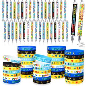 Dispowreath 72 Pcs Autism Awareness Accessories Bulk Autism Awareness Bracelets Ballpoint Pens Gift Set Colorful Puzzle Pieces Rubber Wristbands and Pens for Charity Event Party Favor Office Supplies