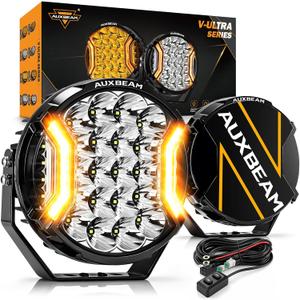 Auxbeam V-Ultra Series 9-Inch Round LED Auxiliary Lights 300W 35600LM | 270° lighting angle, Side shooter driving lights, Amber daytime running light, Offroad LED pods, Truck light bar, 9-inch, White