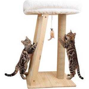 31.5" Cat Scratching Post, 3-in-1 Multifunctional Natural Pine Wood Cat Furniture, Tall Scratch Posts with Perch&Scratcher, Boxed with Hanging Bell Toy, Large
