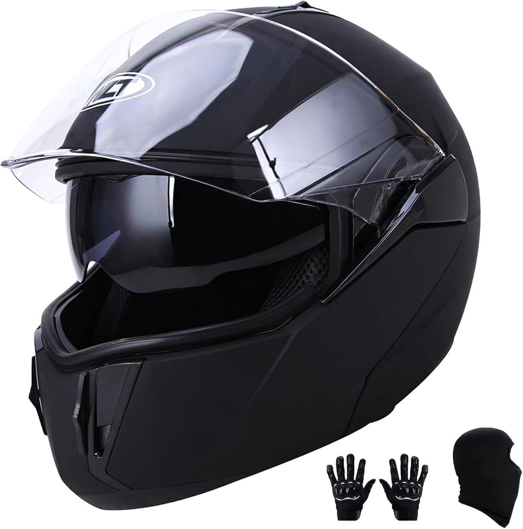 DOT Modular Motorcycle Full Face Helmet Flip-Up Dual Visor, Lightweight & DOT Approved, Matte Black, Size XL