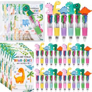 LiYiQ 24 Sets Valentine's Day 4-in-1 Ballpoint Pens with Positive Cards Exchange Gifts Bulk Dinosaur Party Favors Dinosaurs Team Gifts for Dinosaur Lover Classroom Prizes Goodie Bags Stuffers
