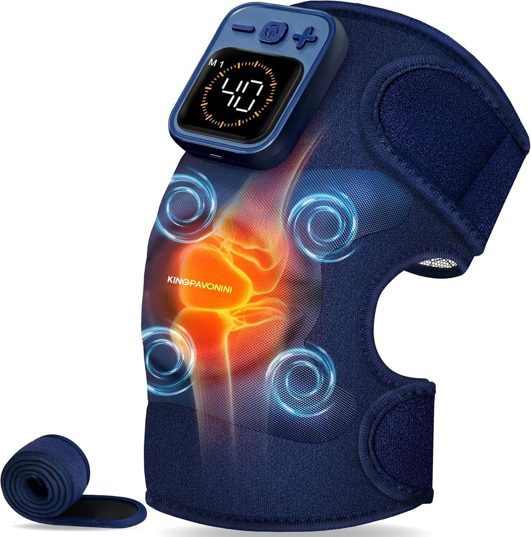 KingPavonini Cordless Knee Massager for Pain Relief, Newly 4 Motors Vibration, 5 Heat Levels, 6 Massage Modes, Knee Heating Pad for Knee Pain, Heated Knee Massager Brace, Gifts for Mom Dad (Blue 1.0)