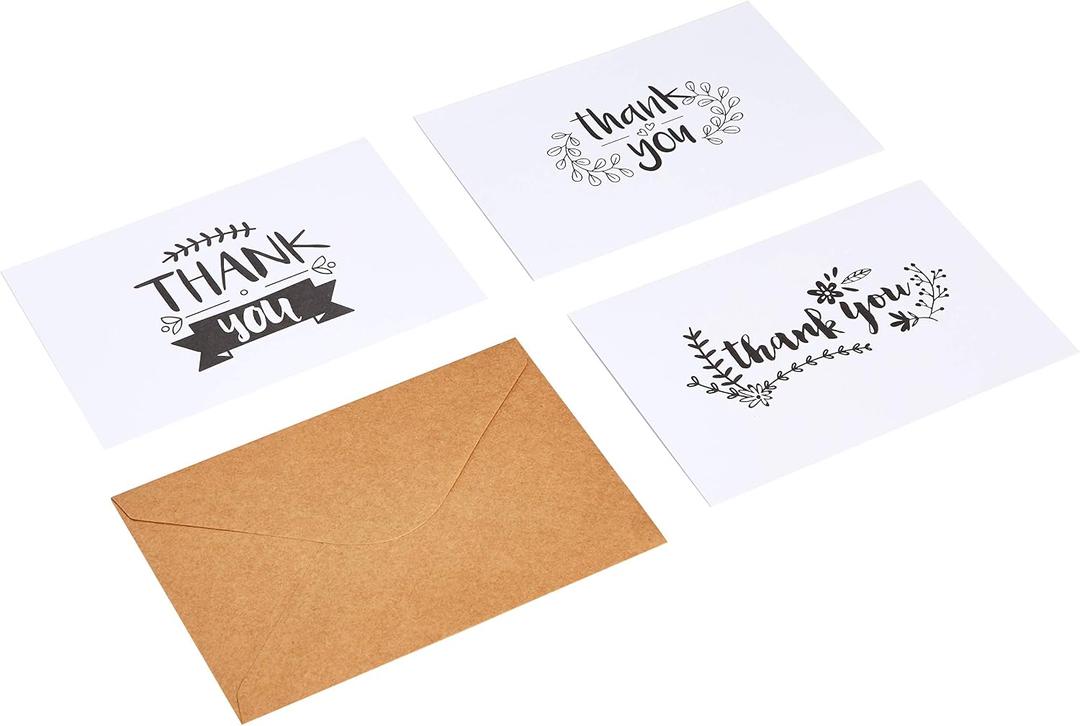 Amazon Basics Thank You Cards and Envelopes, Black and White, 4" x 6", 48 Count, 4 inches by 6 inches