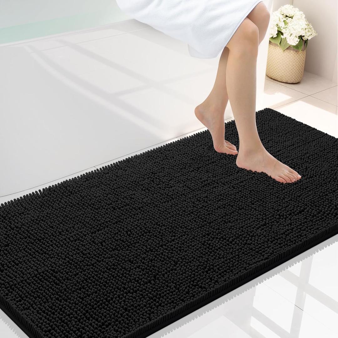 Smiry Luxury Chenille Bathroom Rugs 45x27, Extra Soft and Absorbent Shaggy Bath Mat, Machine Washable, Non-Slip Plush Carpet Runner for Tub, Shower, and Floor, Home Decor Accessories, Black