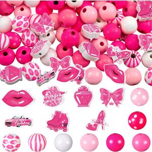 Waydress 200 Pcs Pink Wooden Beads for Crafts 16mm Large Printed Wood Beads Bulk with Bows Disco Ball Charms for Hair Keychain Making Bachelorette Party Birthday Decor Pen DIY Garland