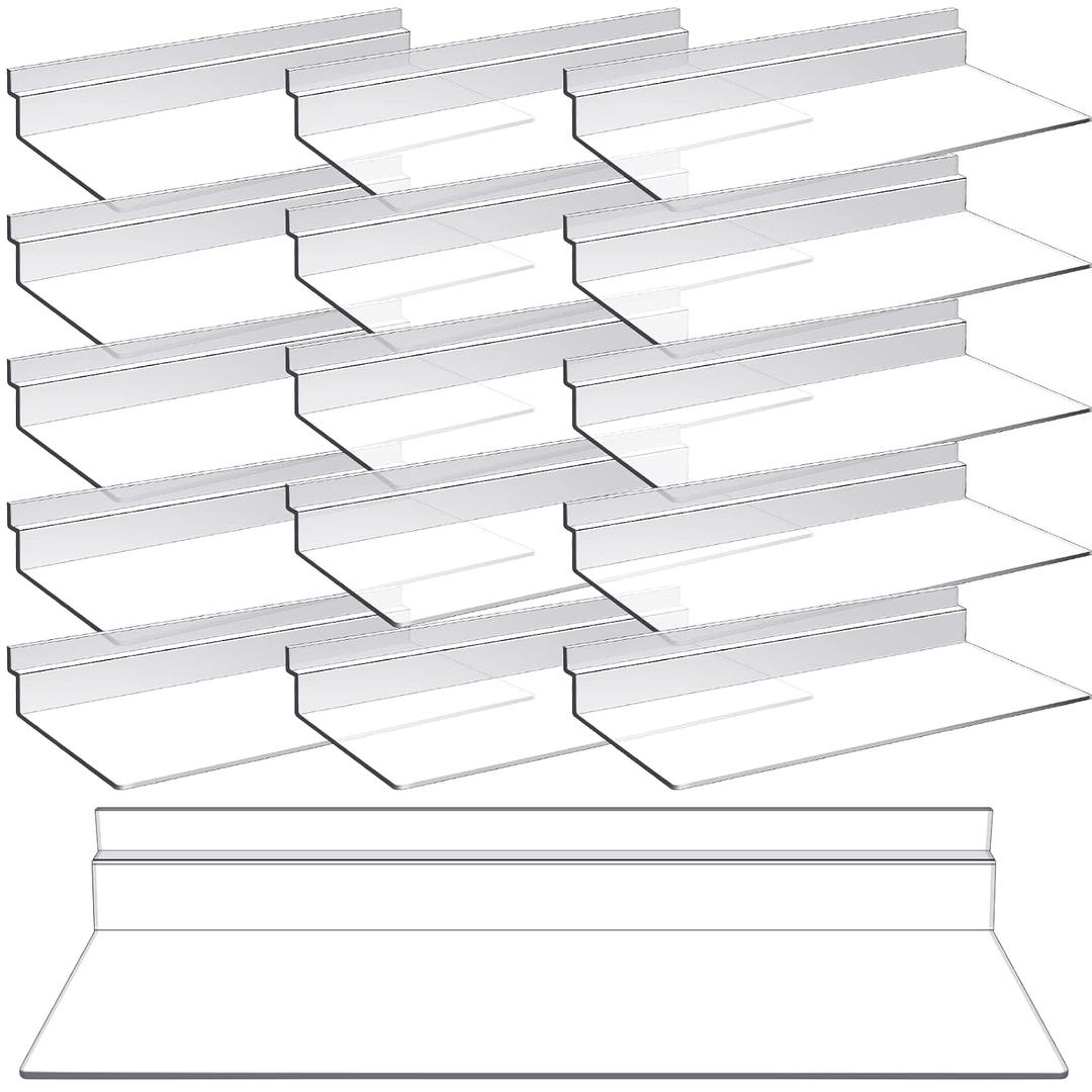 Kathfly 16 Pack 4 x 10 Inch Slatwall Shelves Hanging Accessories Clear Slatwall Shelf Plastic Shelves for Wall, Home Shoe Stores Boutiques Supplies (Clear)