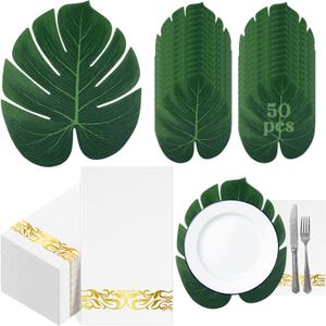 AmazingSpark 50 Pcs Palm Leaf Placemats and 75 Pcs Disposable Gold Foil Trim Guest Napkins for Wedding Birthday Party Bridal Baby Shower Hawaiian Luau Tropical Table Centerpiece