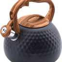 Tea Kettle Stovetop, 3.2 Qt Stainless Steel Whistling Kettle for Stove Top, Food Grade Teapot with Wood Pattern Handle for Coffee, Milk etc, Gas Electric Applicable (Black)