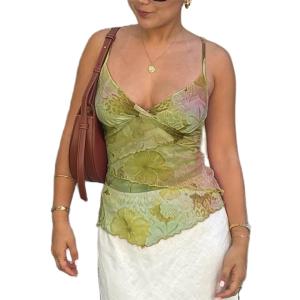 Women Y2k Mesh Tank Top Camisole Floral Print Spaghetti Strap Sleeveless V Neck Going Out Tops Cami Shirts (Small, Green) Women Y2k Mesh Tank Top Camisole Floral Print Spaghetti Strap Sleeveless V Neck Going Out Tops Cami Shirts (Small, Green)
