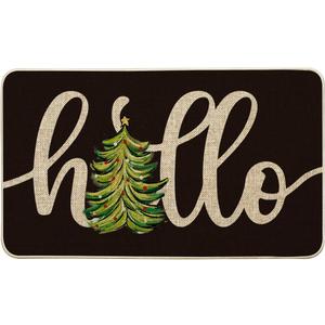 Artoid Mode Black Hello Xmas Tree Christmas Doormat, Winter Low-Profile Switch Rug Home Decor Door Mat Floor Mat for Outdoor Indoor 17x29 Inch