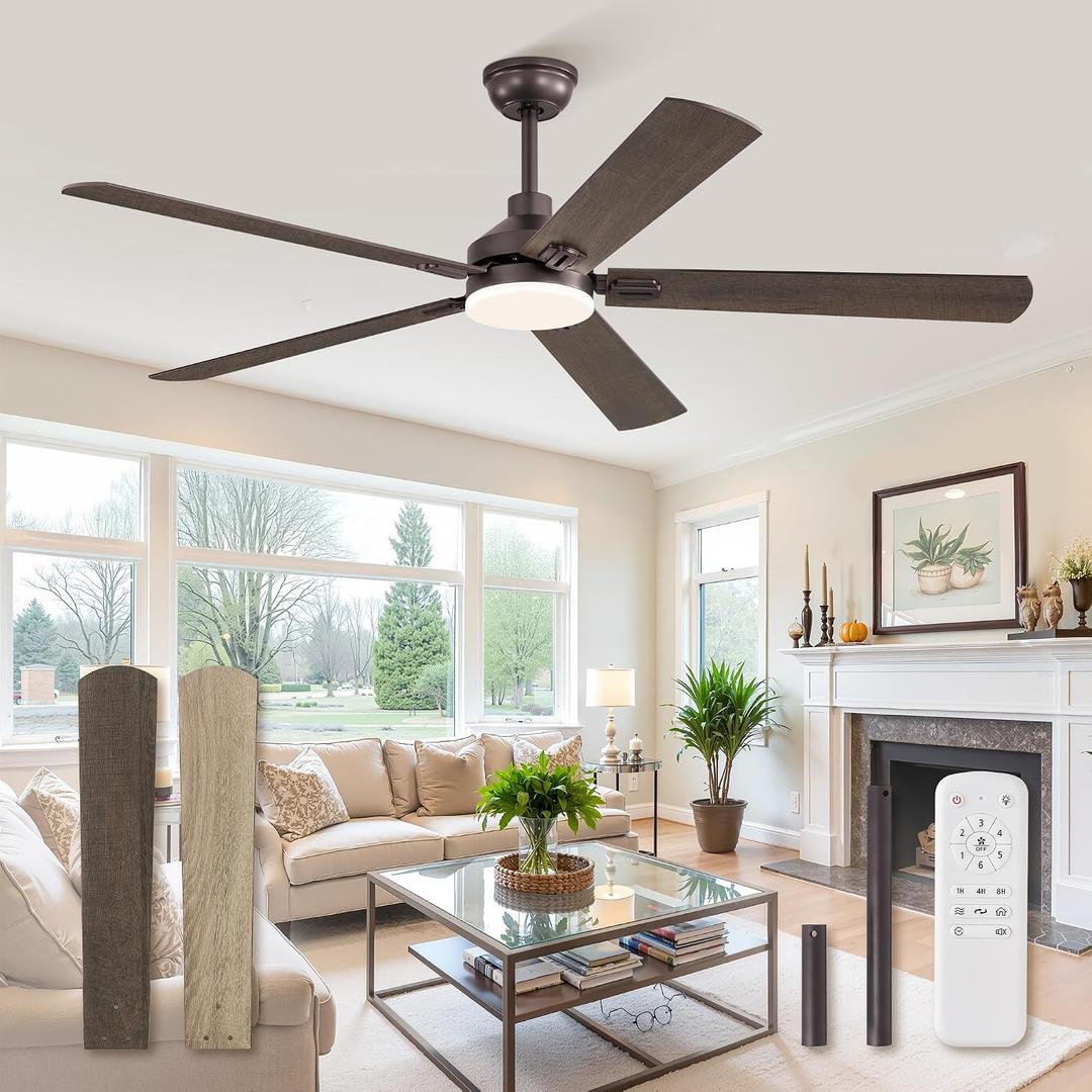ZMISHIBO 60" Ceiling Fans with Lights, Oil Bronze Farmhouse Ceiling Fan with Remote, Rustic Indoor Ceiling Fan with Dual Finish Blades, Quiet & Strong Motor, Bright LED Light.