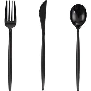 Supernal 180pcs Black Plastic Silverware Heavy Duty Black Party Cutlery Disposable Plastic Forks and Spoons Disposable Utensils Flatware Include 60 Forks,60 Knvies,60 Spoons