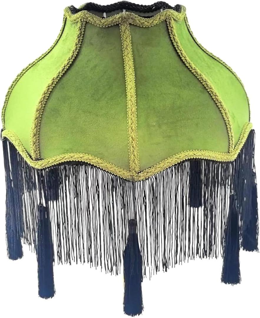 Victorian Lamp Shade, Tassel and Fringe,5.5"x11.8"x12.3" Style Bell Shape Scallop velvet top replacement lamp,Floor and Bedside Lamps (Olive Green)