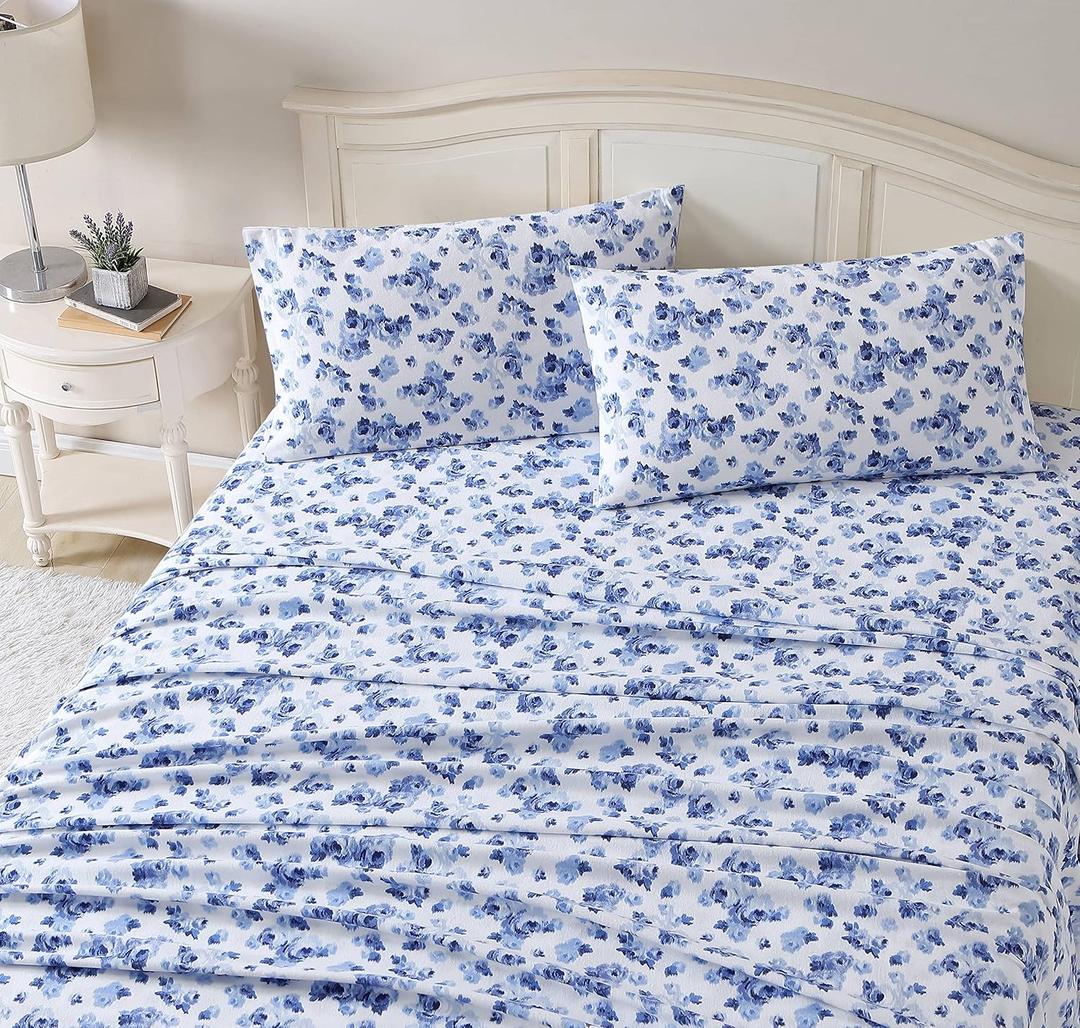 Laura Ashley Home - King Sheets, Cotton Flannel Bedding Set, Brushed for Extra Softness & Comfort (Paisley Prance, King) , Full, Emelisa Blue/White 