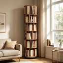 6-Tier Rubberwood Rotating Bookshelf, 360° Spinning Bookcase with Lockable Wheels, Space-Saving Freestanding Corner Storage Rack, Walnut Finish, 17.3"D×17.3"W×78.5"H for Living Room Office Bedroom