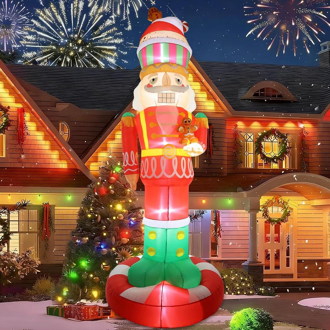 10FT Christmas Nutcracker with Little Gingerbread Man Inflatable Outdoor Decoration Blow up Yard with LED Lights Xmas Funny Giant Large Holiday Party Outside Decor