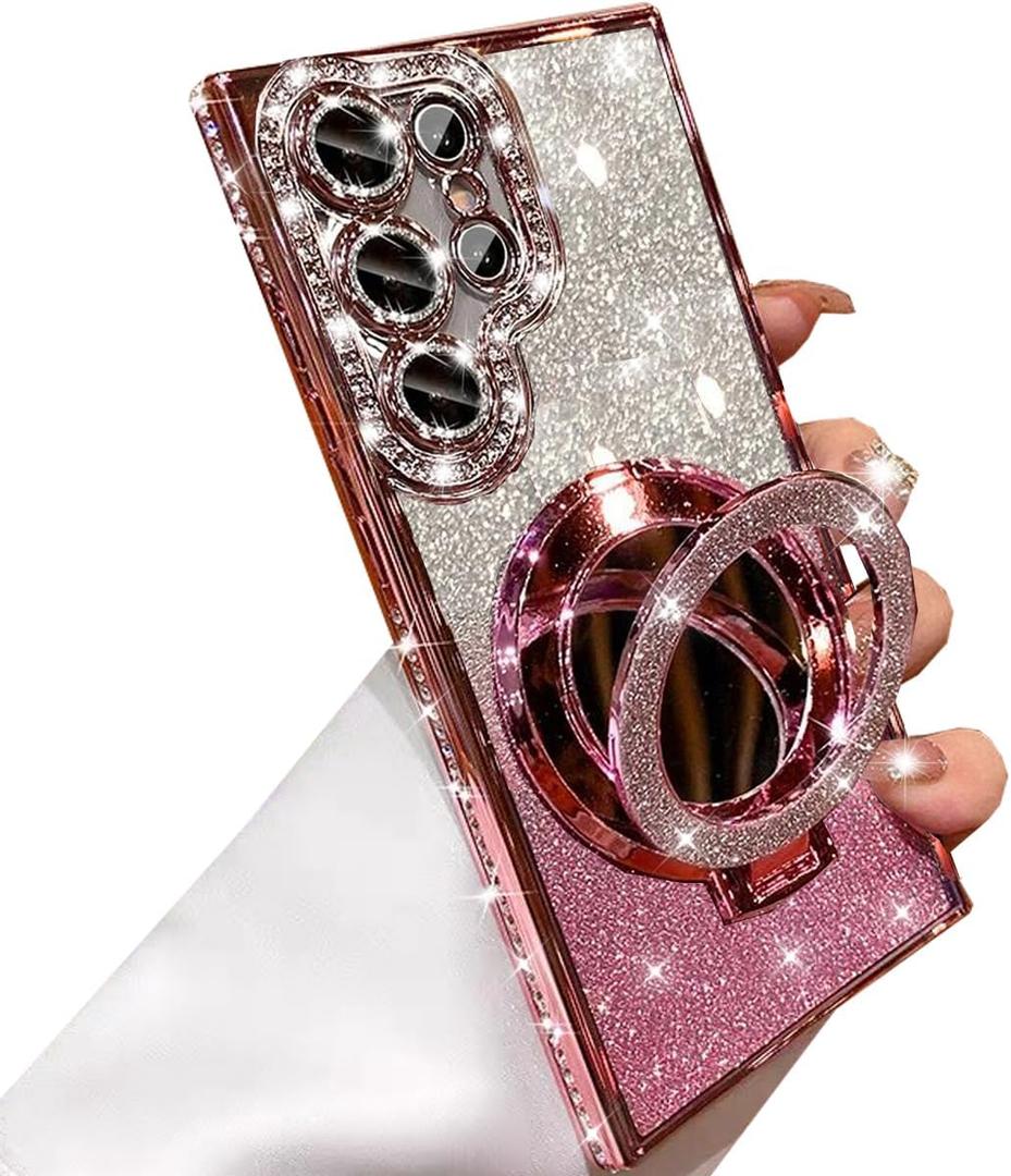 for Samsung Galaxy S25 Ultra Magnetic Kickstand Glitter Case,[Compatible with Magsafe] Bling Sparkly Rhinestones with Camera Protector Makeup Mirror Women Girls Case for Galaxy S25 Ultra,Pink