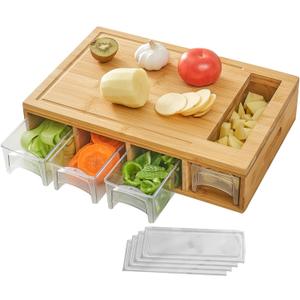 Bamboo Cutting Board with 4 Trays, Large Chopping Board with Containers, Juice Grooves, Easy-grip Handles & Food Sliding Opening, Carving Board with Trays for Food Storage