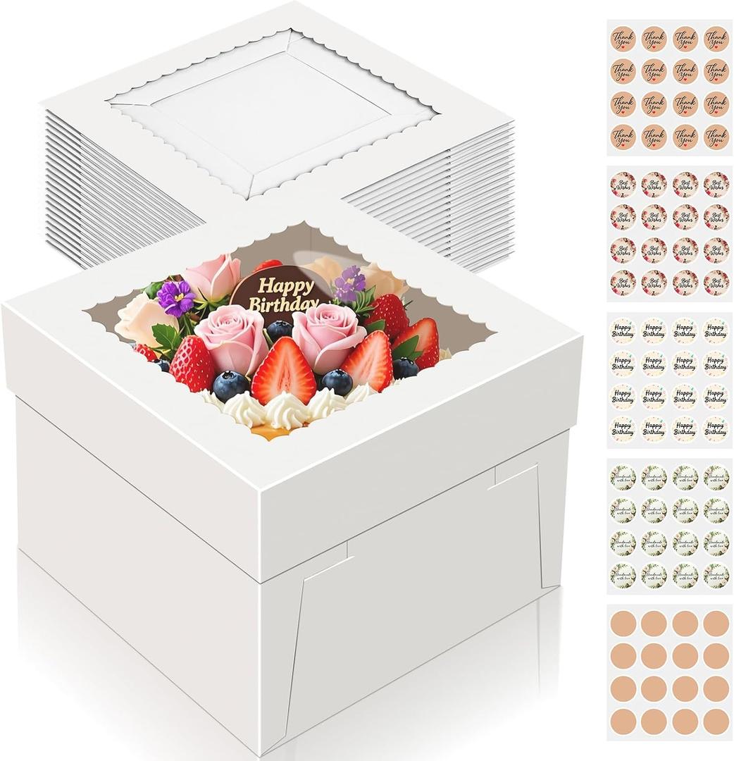15 PCS Cake Boxes 10 Inch, 10x10x8 Tall Cake Box, 10 Inch Cake Box with Window, White Bakery Boxes, Large Baking Boxes, Cajas Para Pasteles, 10x10 Cake Boxes for Birthday, Wedding, Party, Business