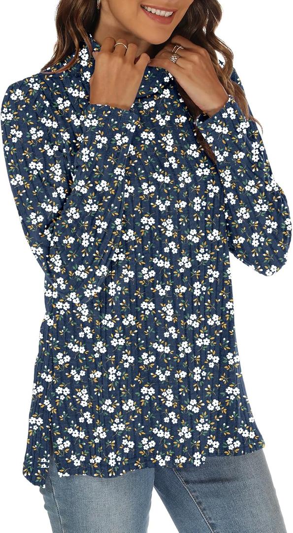 Women Sweaters Turtleneck Long Sleeve Tunic Tops Fall Lightweight Pullover Sweater (Medium, Blue-white Flo)