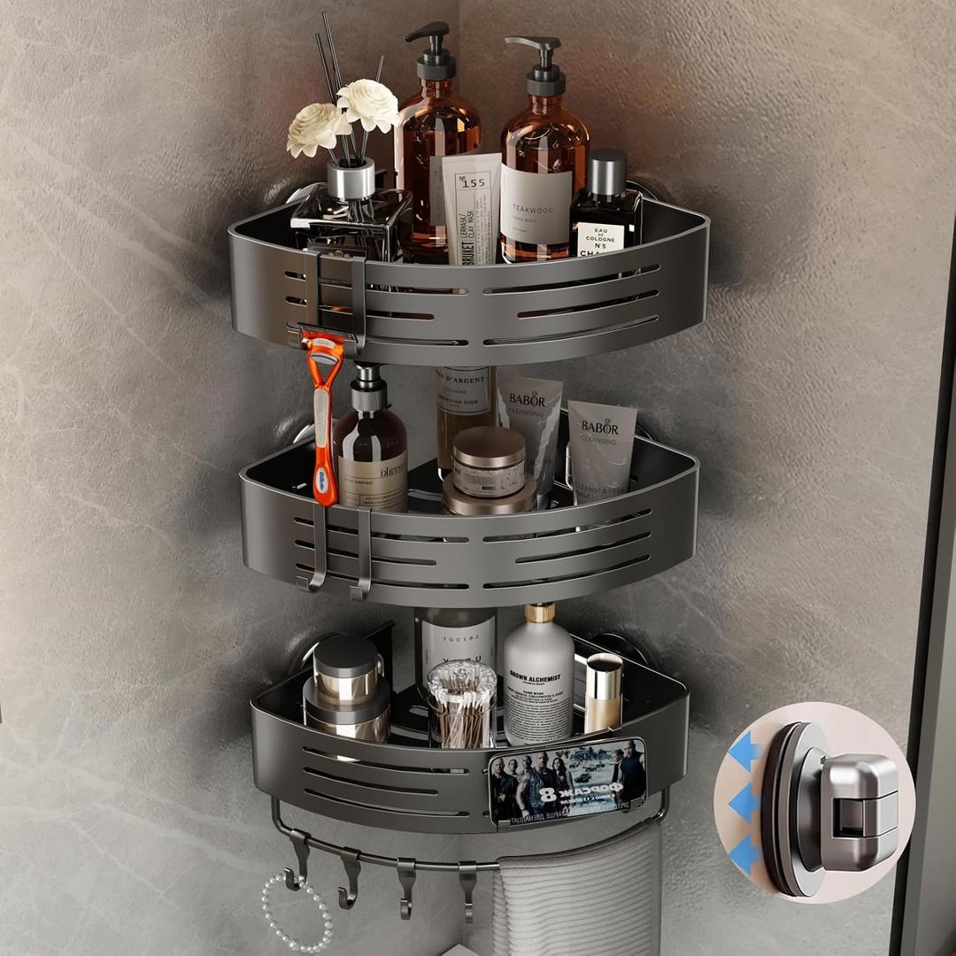 Voldra Corner Shower Caddy Suction Cup, Corner Shower Shelves No Drilling, Aluminum Upgrade Suction Cup Shower Organizer with Towel Bar & Hooks Removable Bathroom Storage Rack(3 Pack,Gray)