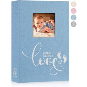 Lanpn Baby Photo Album 4x6 300 Pockets, Linen Hardcover Newborn Memory Book with Memo Writing Area, Bebe Photobook, Slip-in Picture Book, Ultrasound Album Keepsake Gifts for Boy Baby Shower Blue