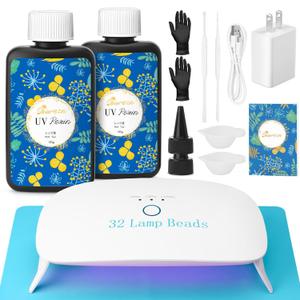 Bsrezn 200g UV Resin Kit with Light, Crystal Clear Solar Activated UV Epoxy Resin for Jewelry Making (100g x 2)