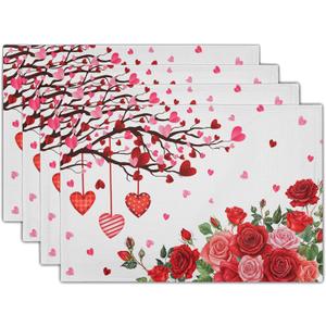 Giwawa Valentine's Day Placemats, Romantic Love Hearts Tree Branches Rose Floral Table Mat, Heat Stain Resistant Linen Place Mats for Kitchen Dining Wedding Anniversary Decor, 12"x18", Set of 4